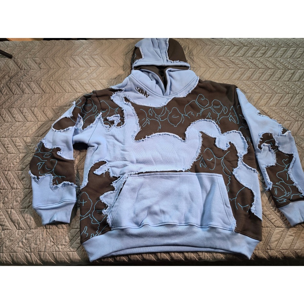 SORA Clothing Deconstructed Distressed Hoodie Blue Black Embroidered L-XL